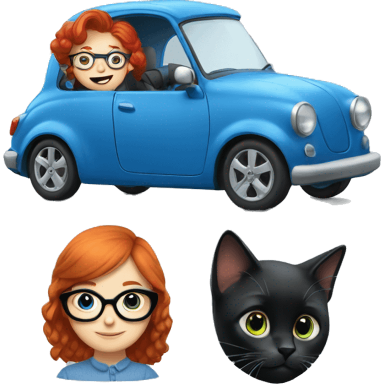 Redhead girl with glasses driving blue car  two black cats  emoji