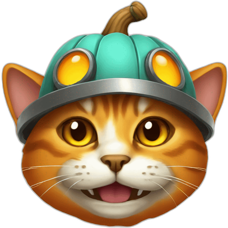 nasty old cat smiling wearing pumpkin helmet emoji