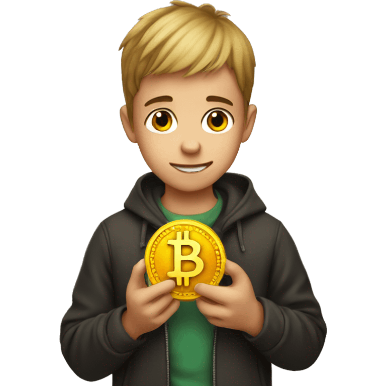 Cute boy holding bitcoin emoji