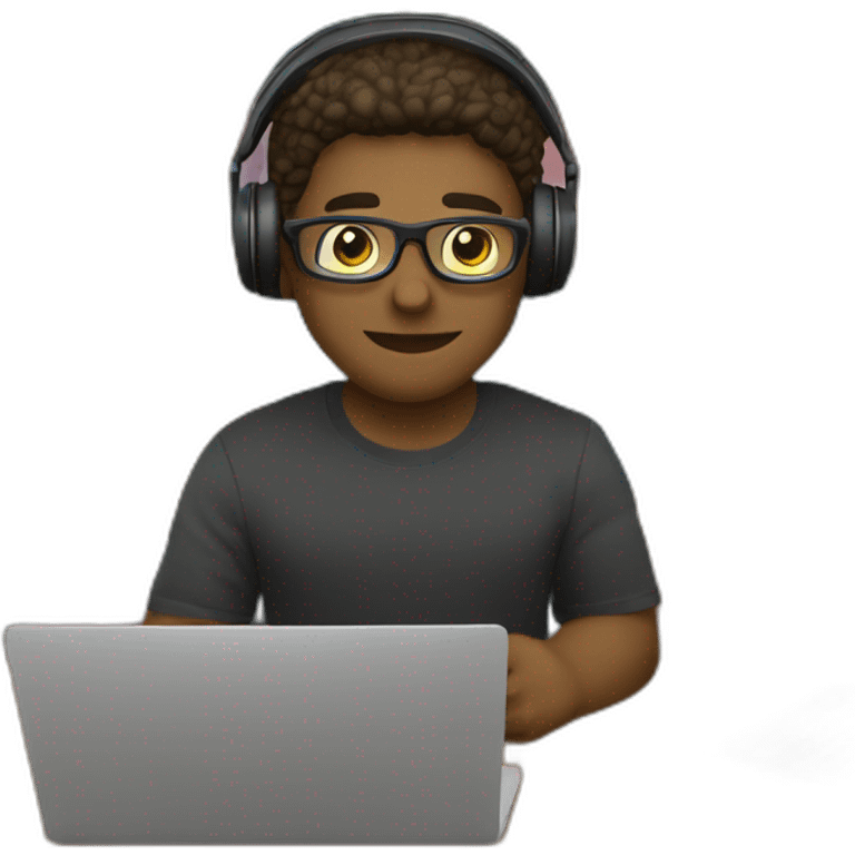 programmer in front of a library full of books books-wearign a headset coding on a laptop emoji