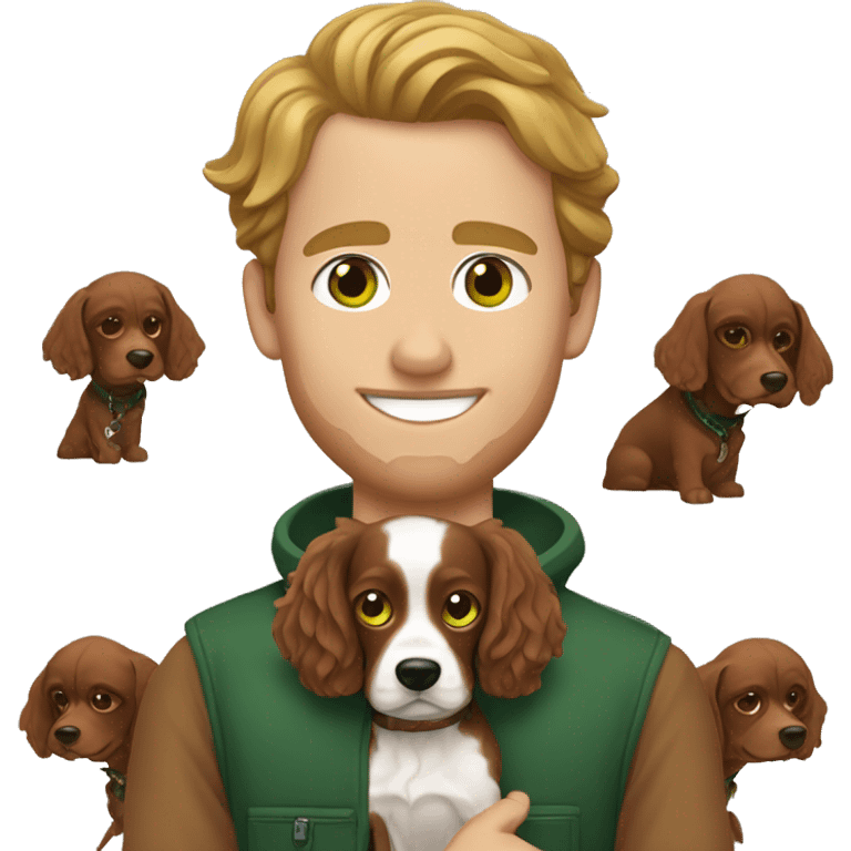 White Man with green eyes holding  brown cocker spaniel  pappy mix emoji