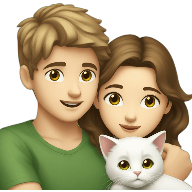 Girl with brown eyes and brown hair kisses the boy with brown hair and green eyes and hugs two white cats emoji