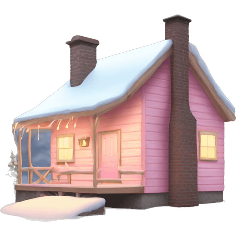 light pink cabin with snow with lights and smoking chimney emoji