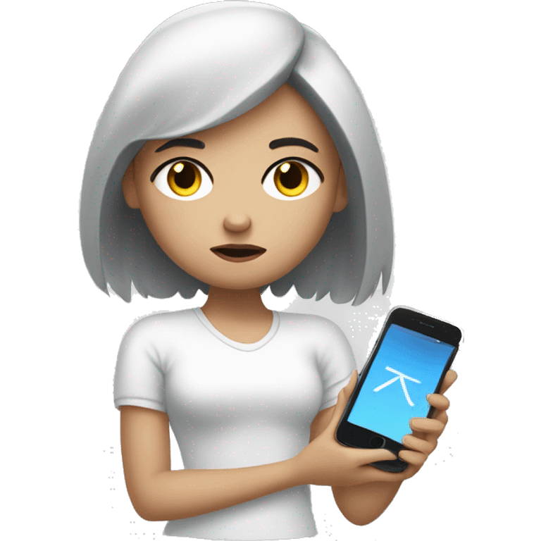 A girl with white skin and dark hair, with a sad face, holding her phone in her hand and typing a message, a message cloud on the side of it emoji