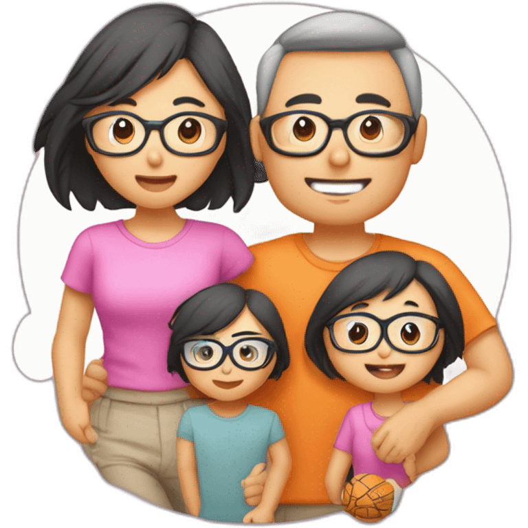 Famille 4 personne un fils aîné avec un t-shirt de basket une fille cadette au cheveux long avec des lunette un père asiatique une mère avec des formes emoji