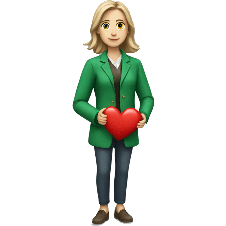 A European female teacher in a green jacket holds a heart in her hands emoji