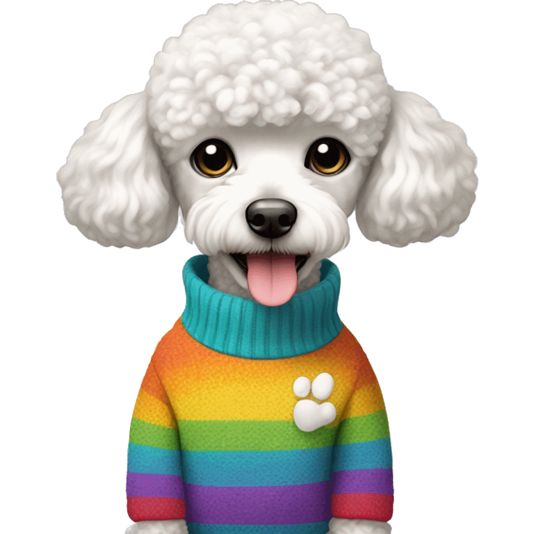 White Mini poodle in a rainbow sweater emoji