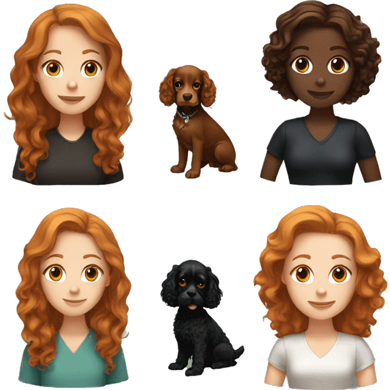 white girl with wavy ginger hair holding a black cockerspaniel dog emoji