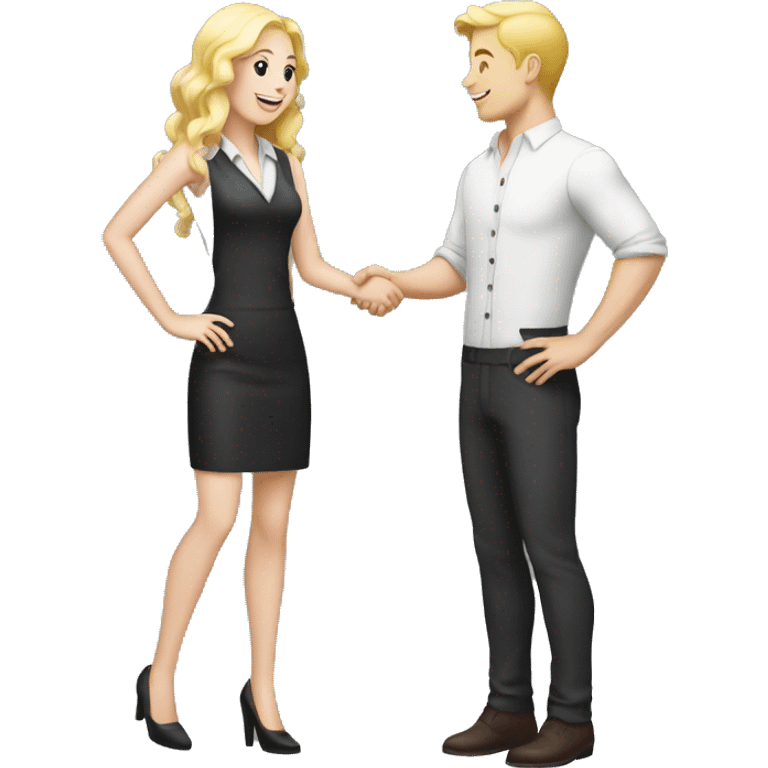 restaurant owner with white skin and blogger with white skin and blonde hair shaking hands in full height emoji