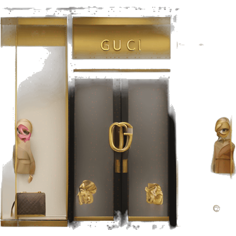 “Gucci store exterior with gold logo above entrance, large glass windows displaying luxury fashion, and elegant double doors.” emoji