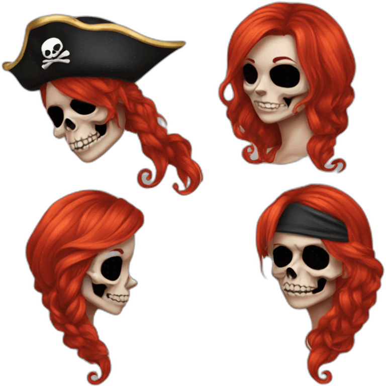 Woman long red hair hanging to one side in a platt, tattoo on side of head.  pirate hat. skull and crossbones t shirt emoji