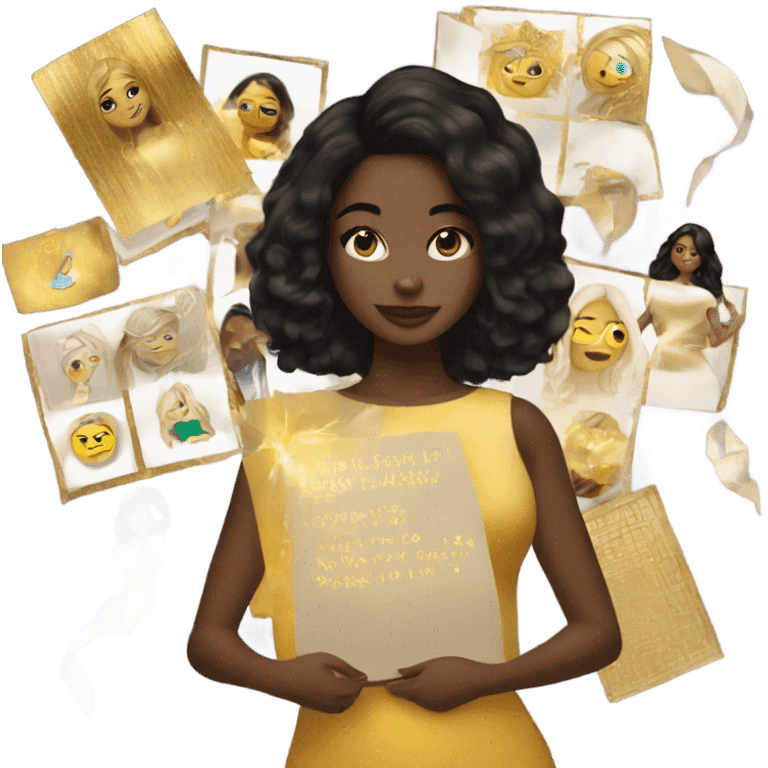 golden skinned girl with dark hair holding a vision board emoji