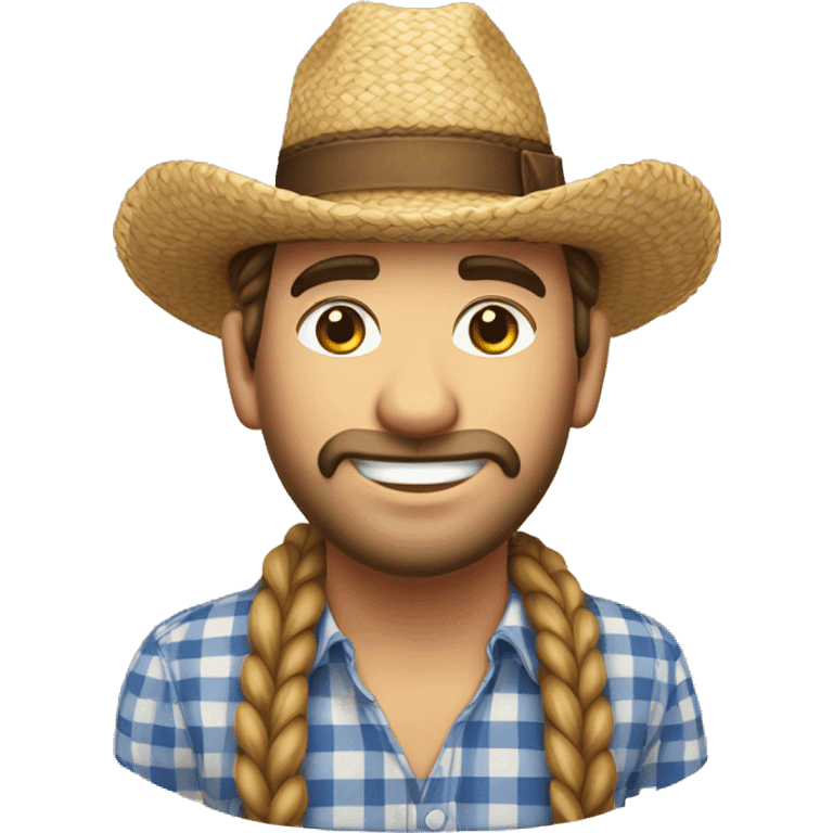 Festa Junina country man with straw hat, braided hair, checkered clothes, white skin emoji