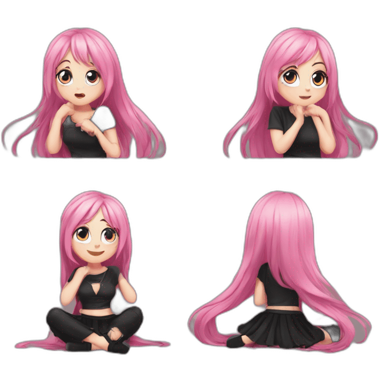 Full body Front view curvy emo girl pink hair sits on the floor straight view hands up black skirt полосатые рваные чулки emoji