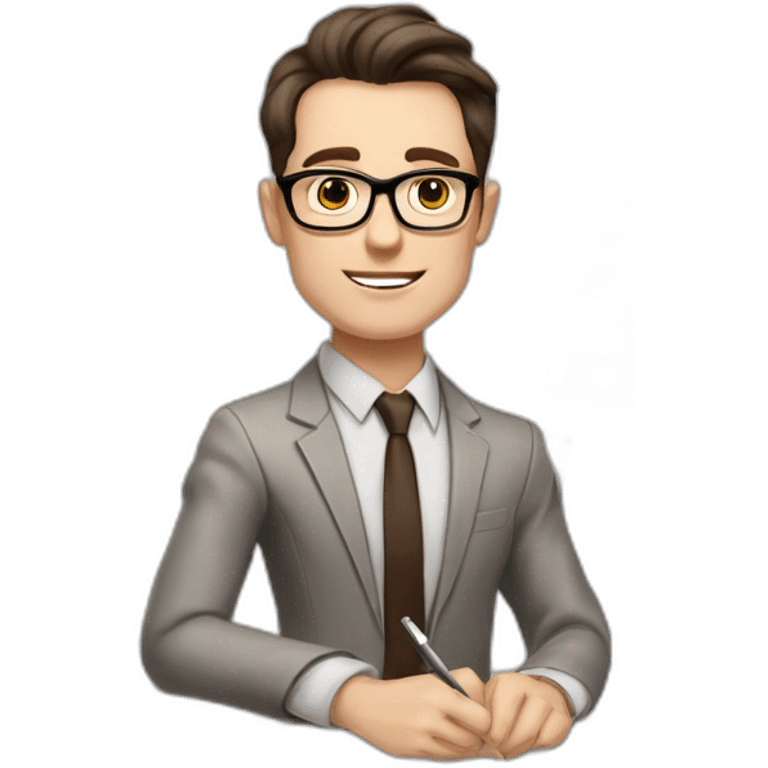 Pale skinned fit man with dark brown hair in gray jacket, beige office shirt, brown tie, brown pants and vintage glasses Writing on the flipchart emoji