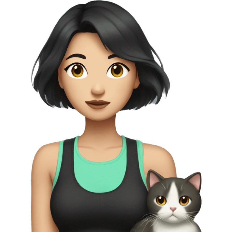 Asian woman with medium black hair, brown eyes. She's wearing a black tank top and mint shorts. And she has a cat in her arms emoji