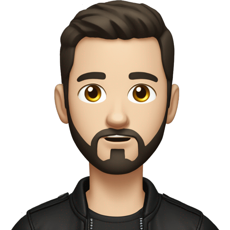 young white man with very short dark brown hair and beard,buzzcut,  cool outfit, black leather jacket and black shirt underneath, angry eyes emoji