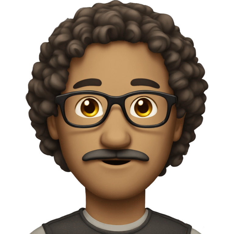 a man with a moustache and curly brown long hair. Brown eyes and glasses  emoji