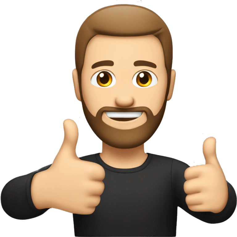 White man with beard, without mustache, hair color brown, hairstyle - straight hair combed to the right, black and red background, thumbs up gesture, in front of the computer emoji