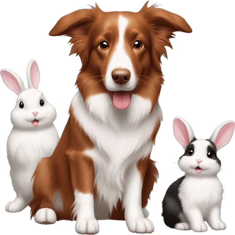 Red tri border collie with two mini lop rabbits  emoji