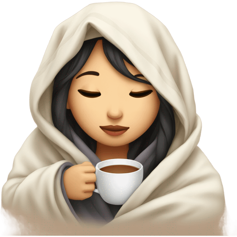 asian girl inside a blanket sipping coffee eyes closed emoji