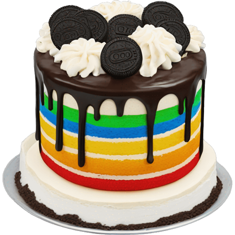 Classic round Rainbow cake with chocolate frosting and vanilla frosting with Oreos on top emoji