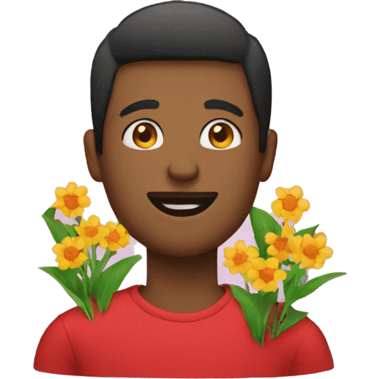 man have red teeshirt and have a flowers emoji