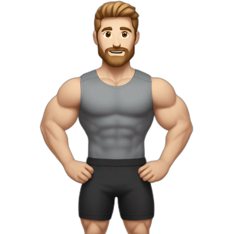 Close up Actively gesturing  with hands Pale skinned Fit Man With the biceps and brown hair in dark gray Sleeveless Mike, black oversize sports shorts, watch and white Sneakers emoji