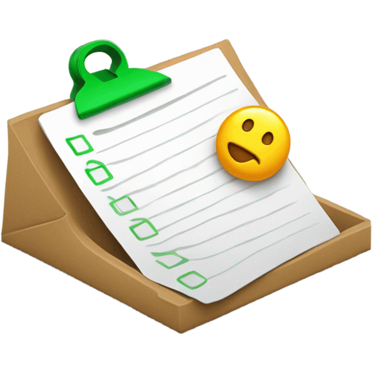 Design a simple emoji-style icon that represents a catalog of items in stock. It should include a clipboard or checklist symbol, with a shopping bag or box, and use bright, inviting colors like green to signify availability. emoji