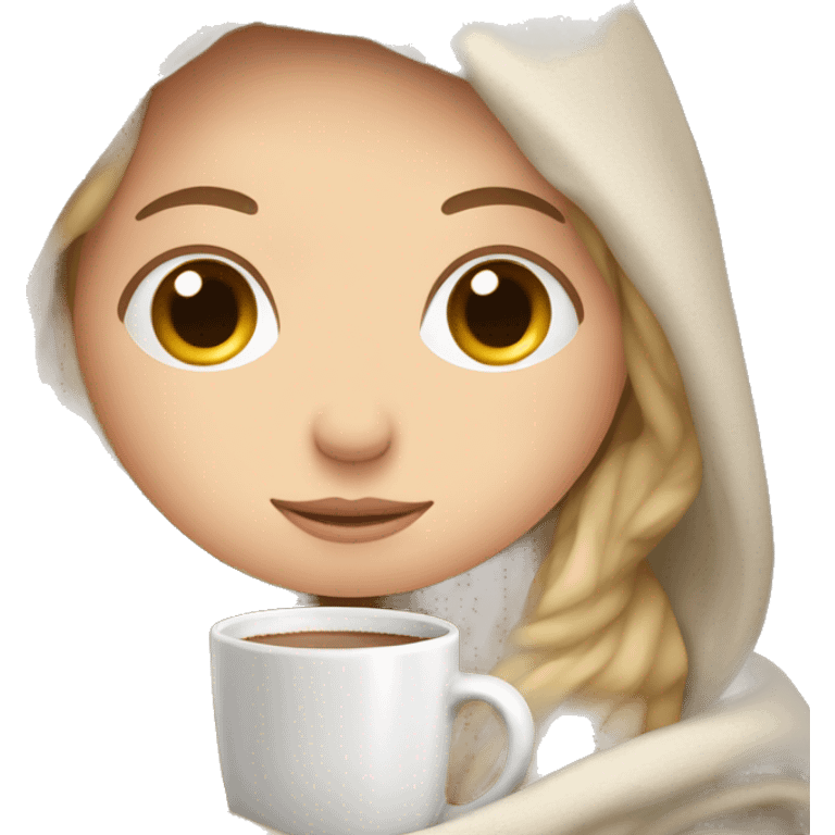 white girl, inside a blanket, sipping hot chocolate, eyes closed emoji