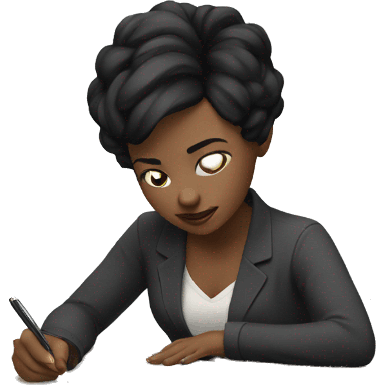 white skin woman with short black hair writing  a notebook on a desk emoji