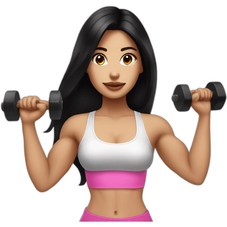 Beautiful woman, white skin, long straight black hair, brown eyes, pink full lips, lifting weights  emoji