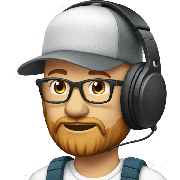 37 year old male, balding, with a snap back cap, red beard, headphones on, clear glasses, speaking into microphone emoji