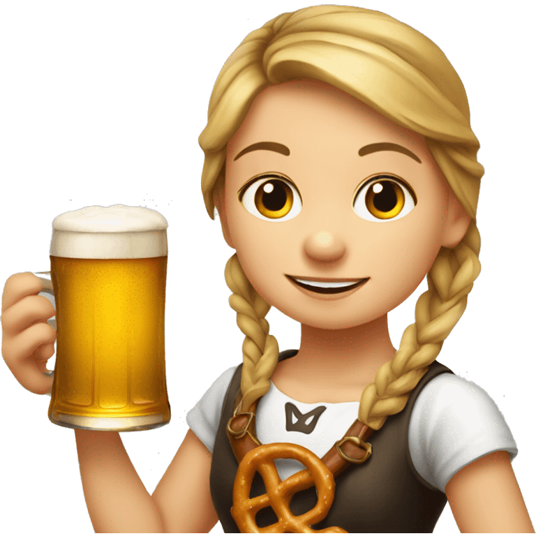 Young German girl drinking beer with a pretzel wearing a drindl emoji