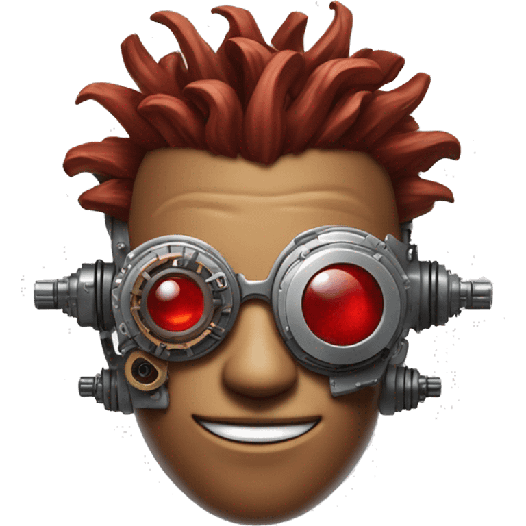 Brown cyborg head with red Mohawk, red beard, silver steampunk monocle goggles a smile and circuits emoji