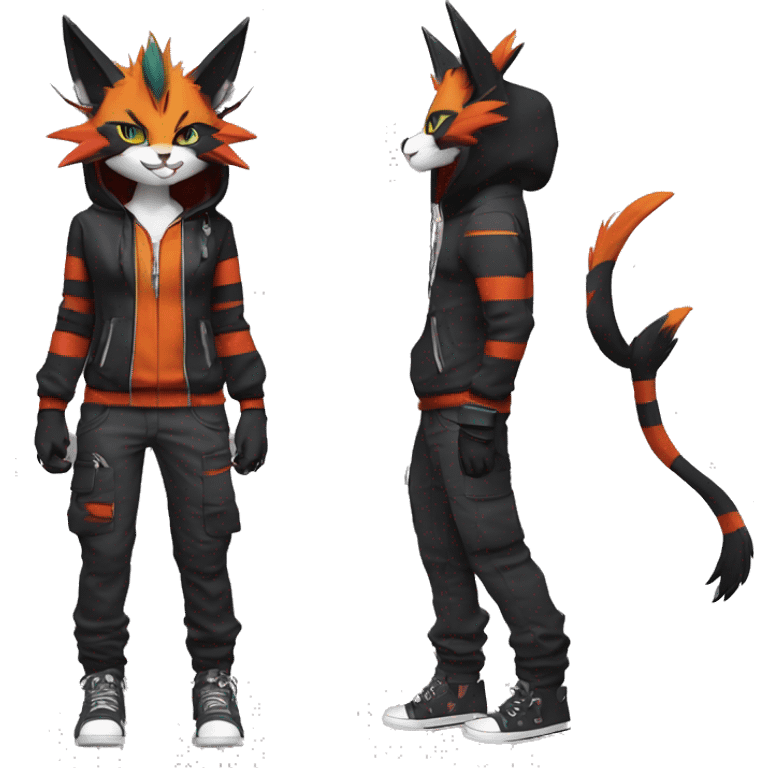 Cool Anthro Noivern-Litten-Caracal-Pokémon with edgy stripes hoodie spiked collar punk techwear Cargo Pants Full Body emoji