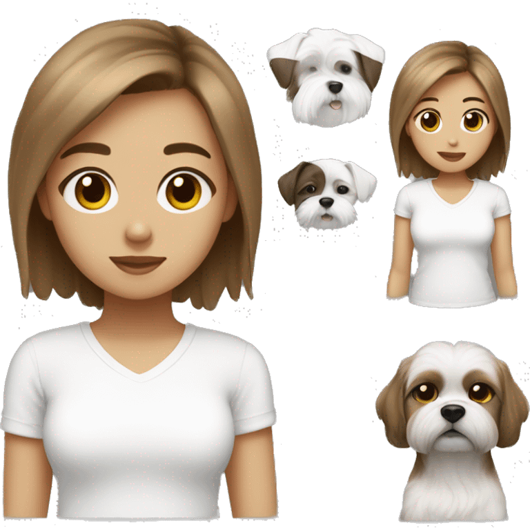 Black and white shitzu dog with a brown haired light skin girl wearing a white shirt  emoji