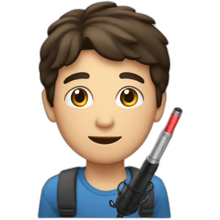 Brunette young Man holding a mic pole above his head emoji