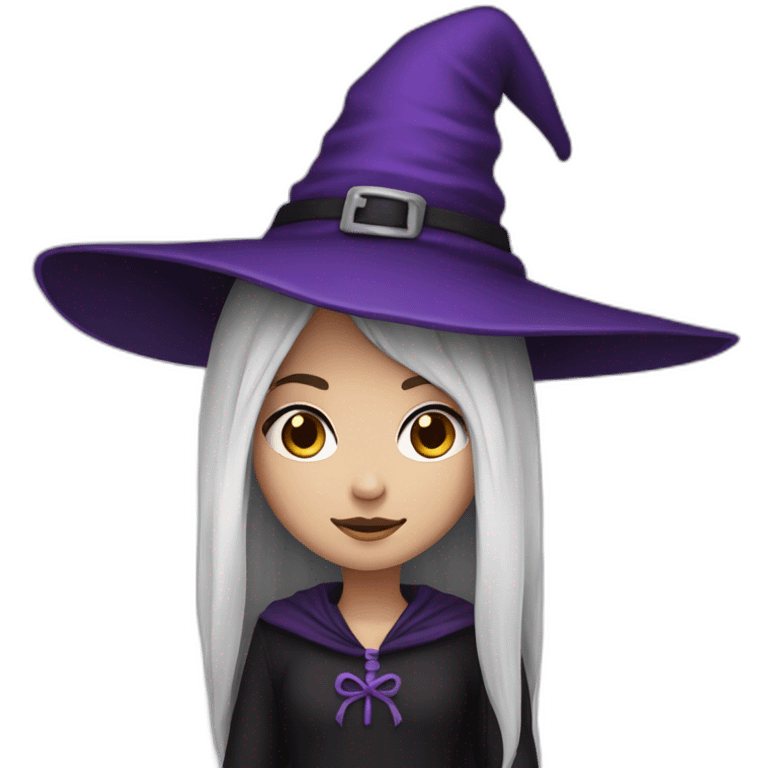 a young white brown thin girl with straight black hair dressed as a witch with purple hat emoji