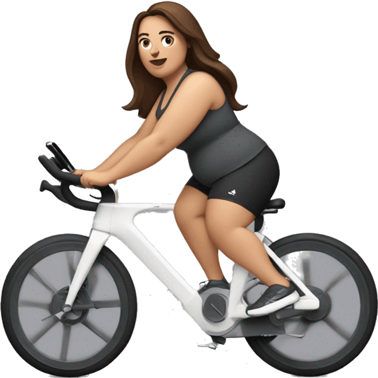 plus size white woman with medium length straight brown hair and dark brown eyes riding an exercise bike emoji