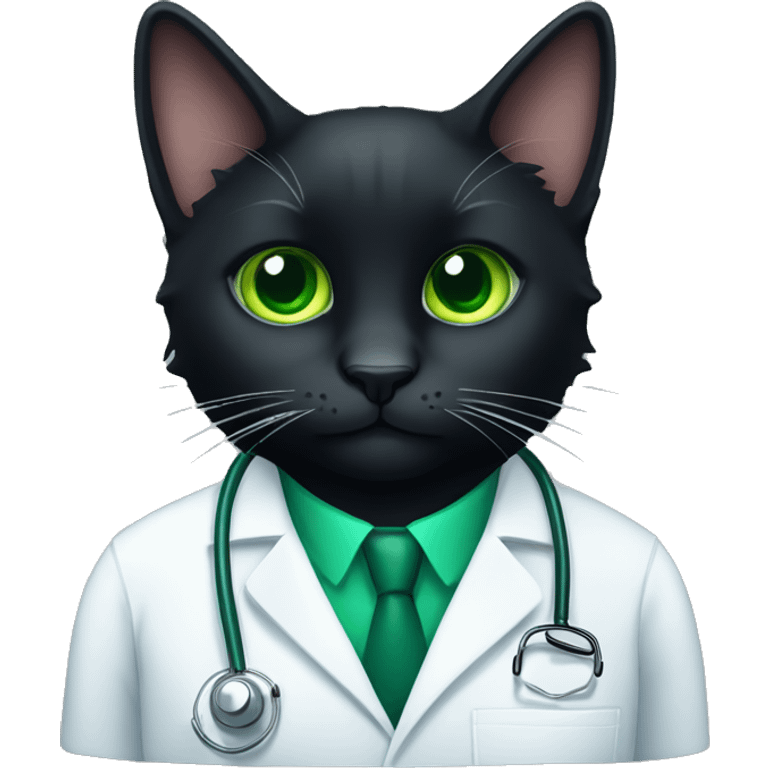 Fluffy black cat doctor with green eyes emoji