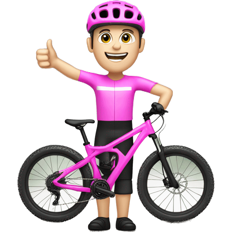 mountain biker with white skin, on pink bike with thumb up emoji