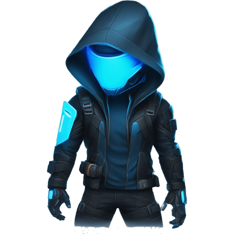 developer behind his laptop with this style : crysis Cyberpunk Valorant neon glowing bright blue character blue black hooded assassin themed character emoji