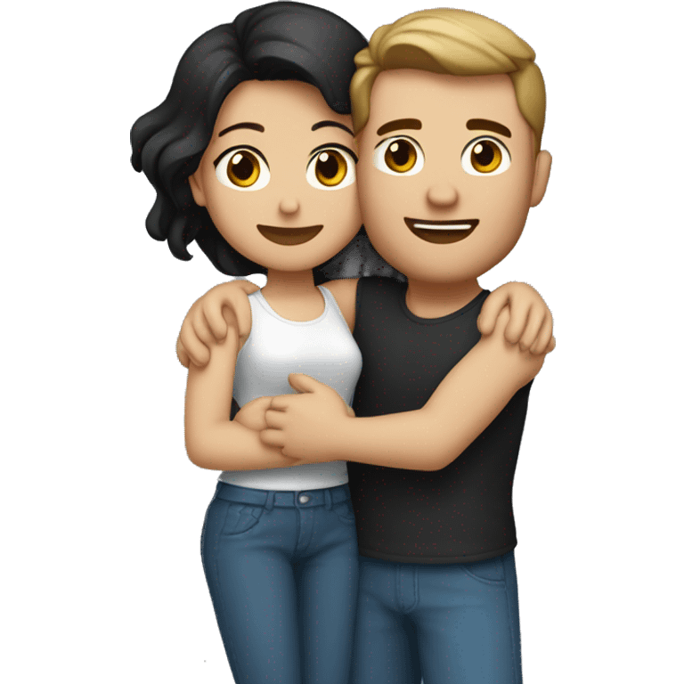 Couple having a big hug, arms around each other. man with light brown skin and black hair. white woman with brown hair and blue eyes  emoji