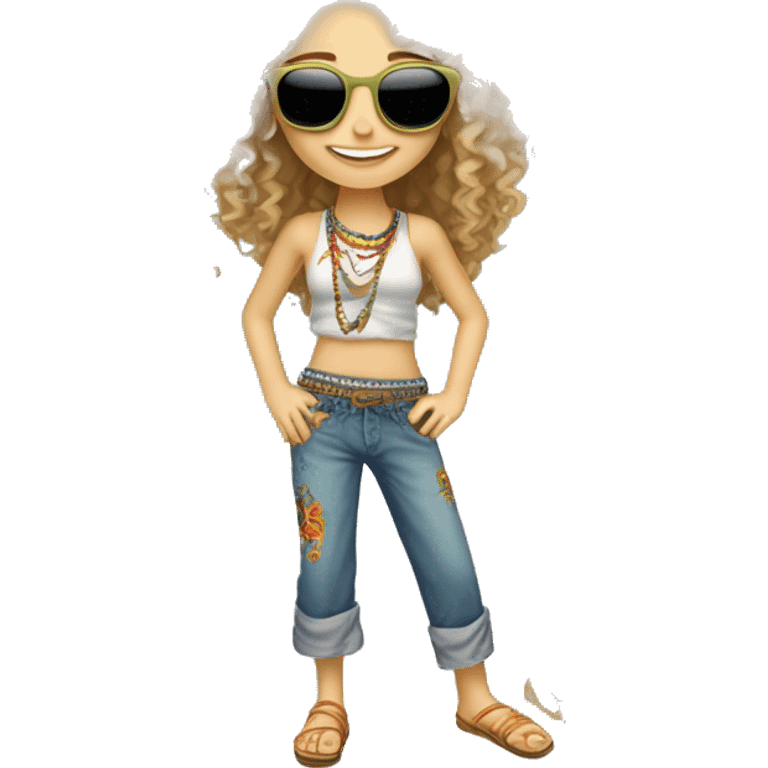 Caucasian hippie girl with curly dirty blonde hair, hazel eyes, baggy colorful pants and a tank top, lots of bohemian bracelets and jewelry, smoking and joint and wearing sunglasses  emoji