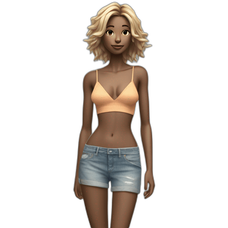 Fashion editorial style octane render, stylized, angle of a (Young Woman, skinny, fit, small breasts, bare belly, see-through beach outfit, pokies. 1. 3) Elusive hair, High fashion emoji