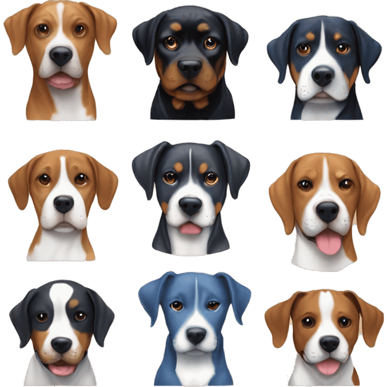 Rottweiler, Beagle, skinny pit bull,and blue tick coonhound playing emoji