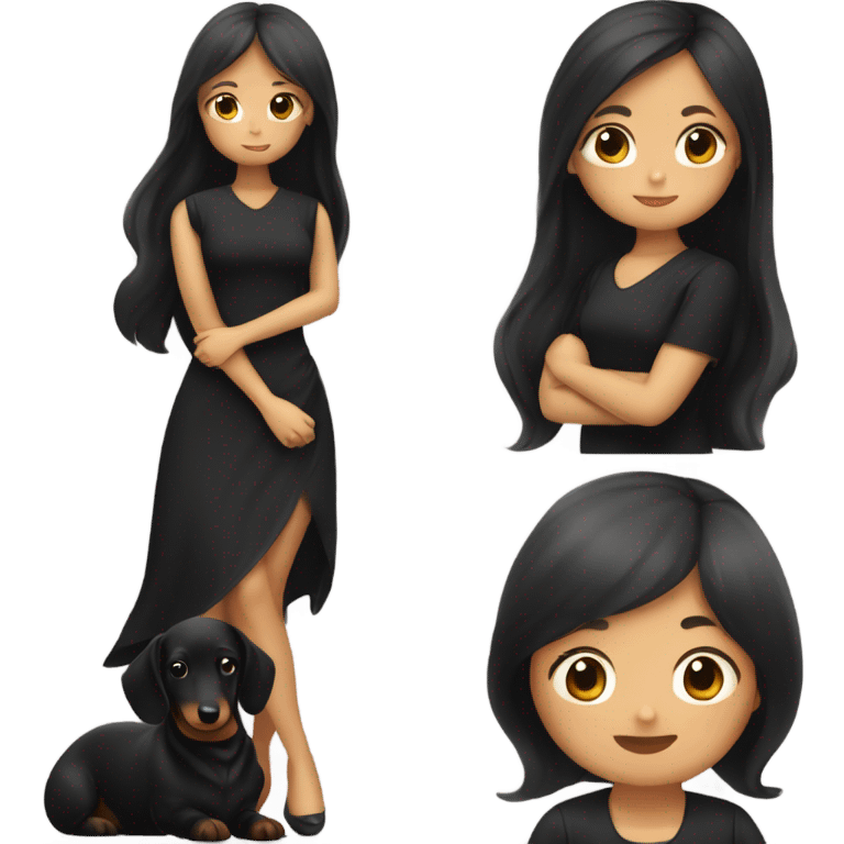 an Asian girl with long hair, wear black dress, hugging long haired dachshund emoji