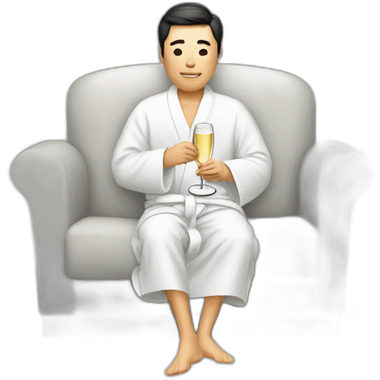 A Korean man in a bathrobe on the sofa with a glass of champagne emoji