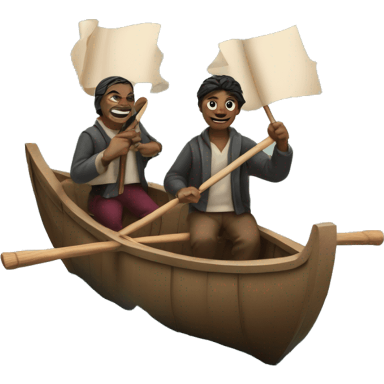 people holding paper scrolls and ink quills in a rowboat emoji